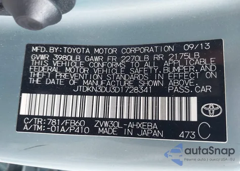 2013 Toyota Prius Three из США, поврежденный, VIN JTDKN3DU3D1728341